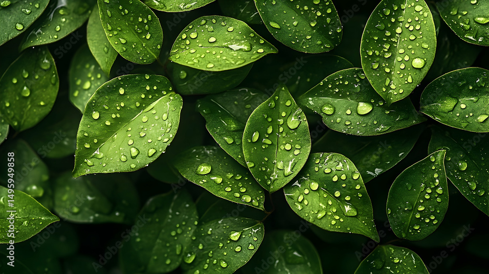 Fototapeta premium Close-up of lush green leaves covered in water droplets.