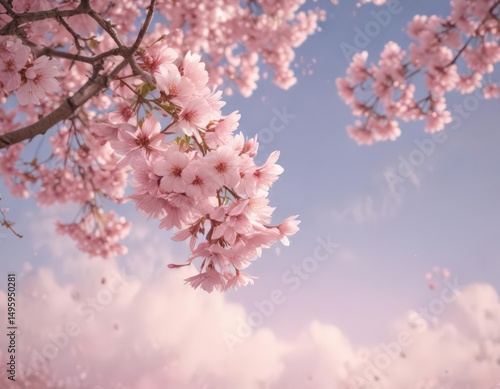 Soft pink sakura petals descend against a blurred pastel sky , sakura,  spring
