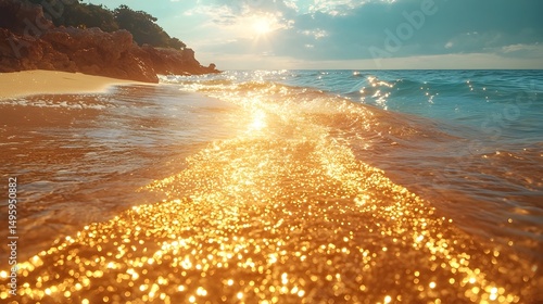 Glimmering golden sands meet the tranquil blue waters