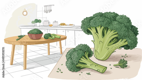 Fresh Broccoli on Kitchen Table Vibrant Vector Illustration