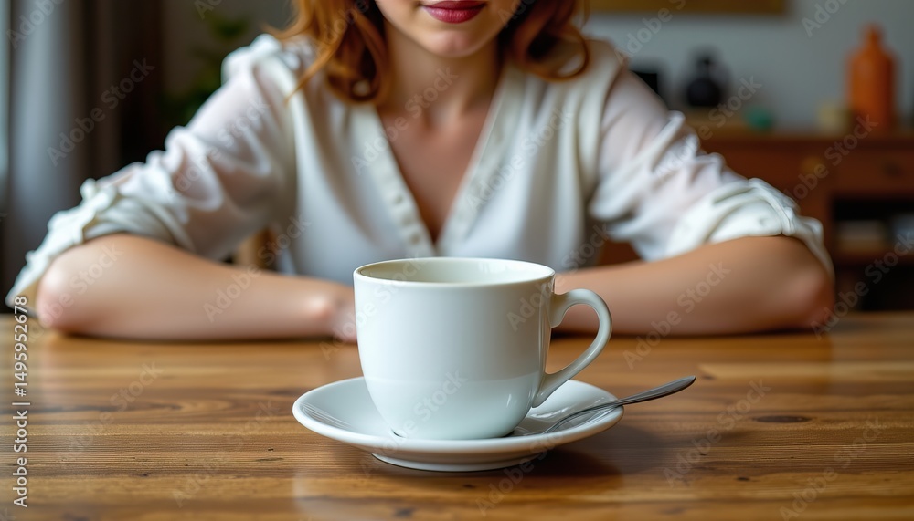 Woman in White Blouse Contemplating a Cup of Coffee on a Wooden Table in a Cozy Interior Setting Woman in White Blouse Contemplating a Cup of Coffee on a Wooden Table in a Cozy Interior Setting