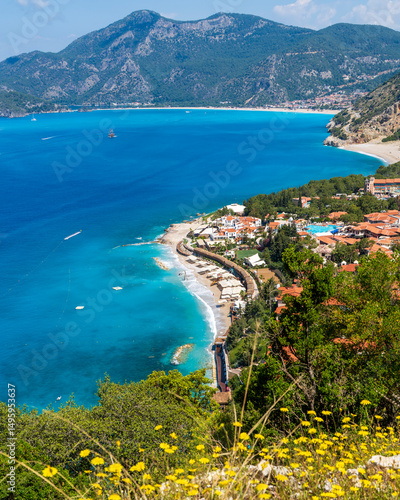 Fototapeta Naklejka Na Ścianę i Meble -  The Oludeniz Beach view from hill in Fethiye Town of Turkey