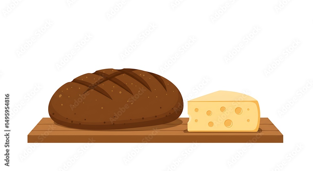 Loaf of Dark Bread and Cheese on Wooden Board Still Life Loaf of Dark Bread and Cheese on Wooden Board Still Life
