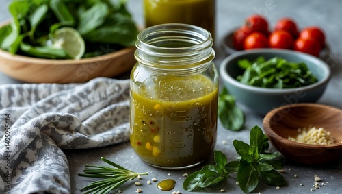 Homemade greek salad dressing in glass jar