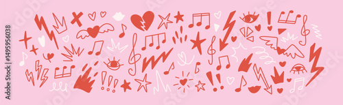 Hand drawn girly music grunge design. Emo goth doodle punk rock background. Pink feminine melody concept. Notes, clef, arrow, star, heart shape graffiti. Handwritten crayon scribbles. Fire flame