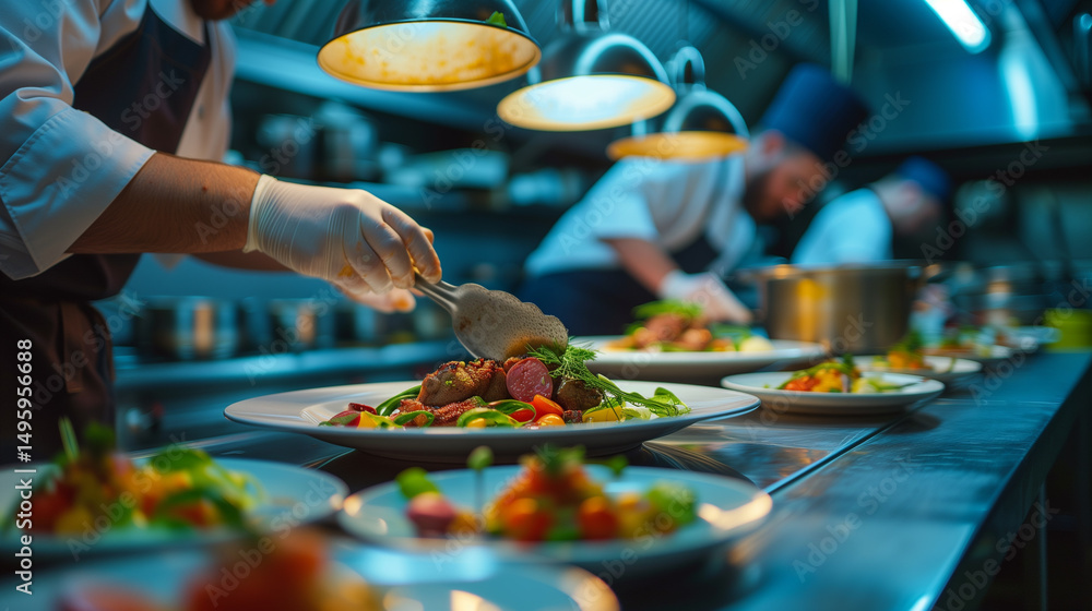 Obraz premium A chef is cooking food with fresh ingredients in a restaurant kitchen