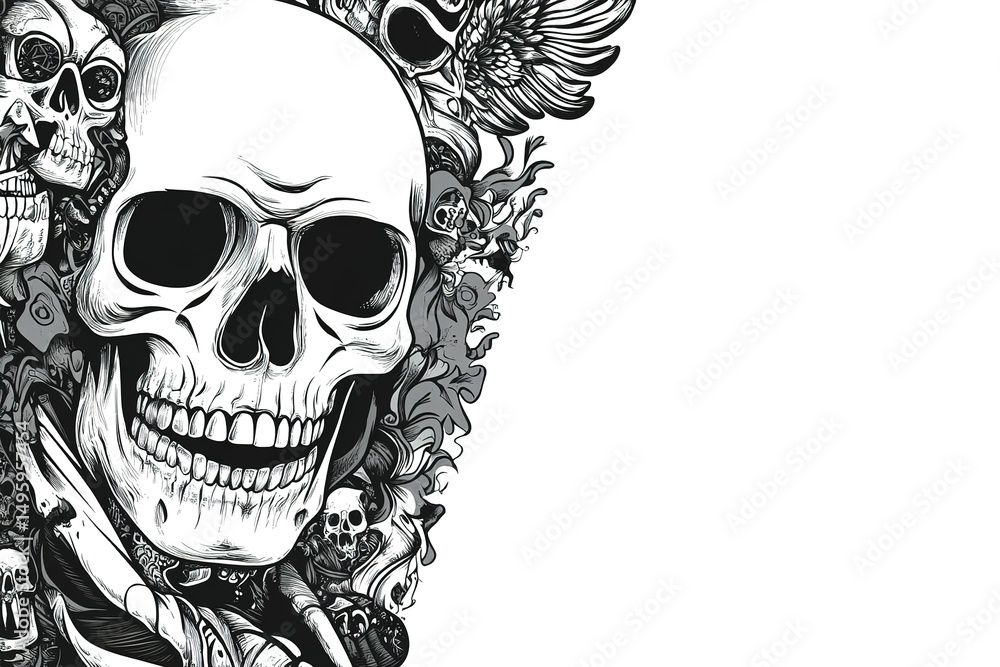 Fototapeta premium A banner featuring a black and white design with a skull and traditional Dia de Los Muertos elements