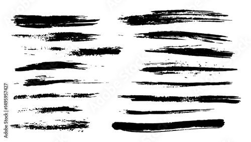 Collection of black paint brush strokes on isolated white background. Vector black watercolor grunge stains and lines set, 
