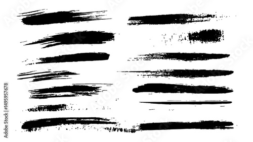 Collection of black paint brush strokes on isolated white background. Vector black watercolor grunge stains and lines set, 