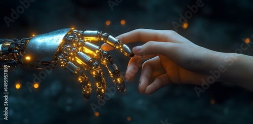 Human and Robot Hands Touching in a Dark, Futuristic Setting wit