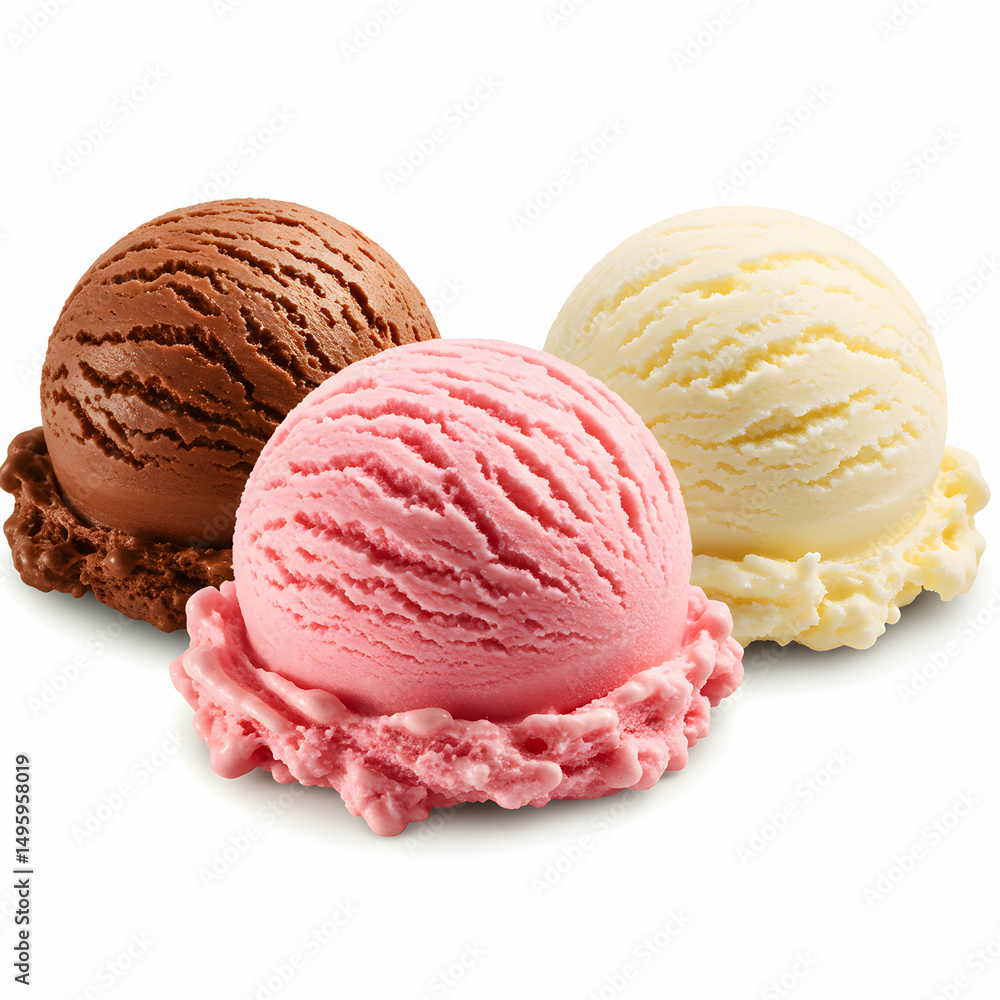 Delicious Ice Cream Scoops: Chocolate, Strawberry, Vanilla Delicious Ice Cream Scoops: Chocolate, Strawberry, Vanilla