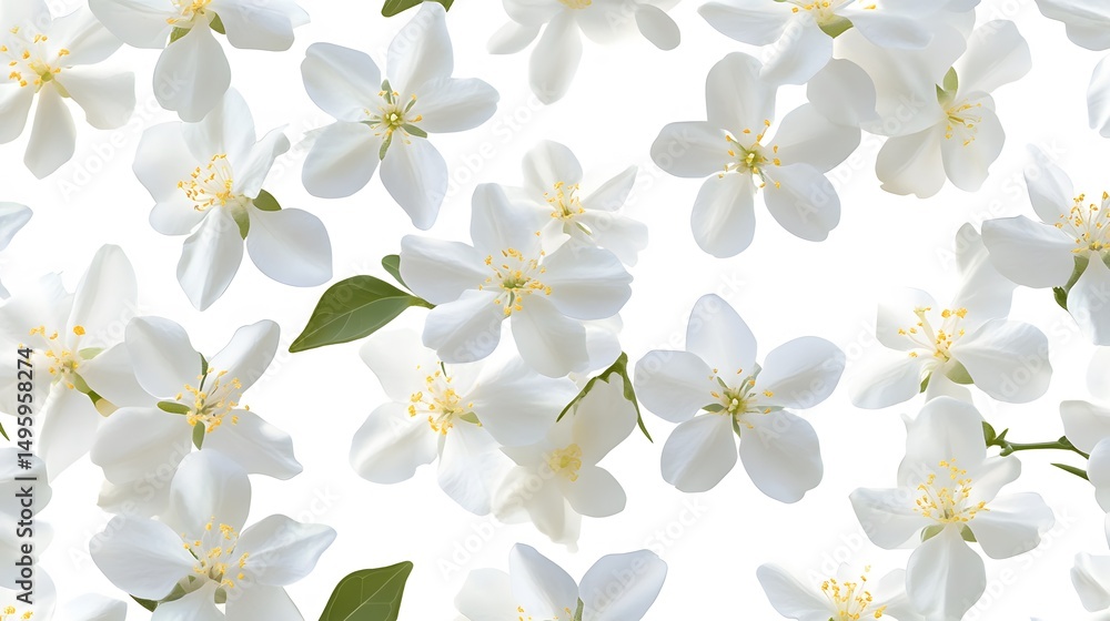 Obraz premium Delicate white blossoms scattered on a white background.
