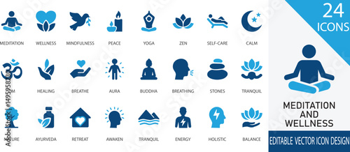 A serene and minimalist vector icon collection representing meditation, wellness, and holistic practices. Includes symbols like yoga poses, lotus,  om, Buddha, breathing, and nature. 