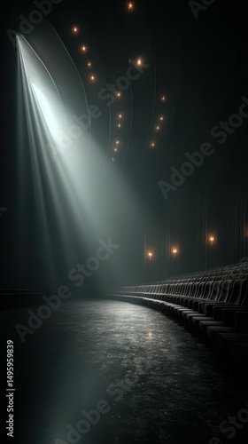 Atmospheric theatre interior with spotlight creating dramatic shadows in a dark space