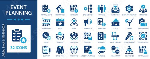 Event planning flat icons collection. Venue, scheduling, organization, invitations, registration, decorations, entertainment sign set.