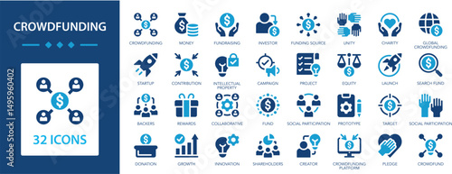 Crowdfunding flat icons collection. Fundraising, investor, unity, equity, backers, rewards, donation, charity, fund sign set.