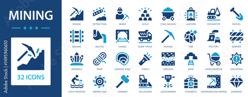 Mining flat icons collection. Diamond, miner, gold, mine, minerals, hammer, tunnel, ore, dynamite, coal wagon, gold panning sign set.
