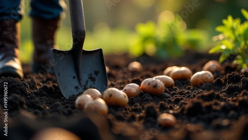 The bayonet shovel stucks in the ground, digging up potatoes. Autumn work. In the background, feet in boots are visible.