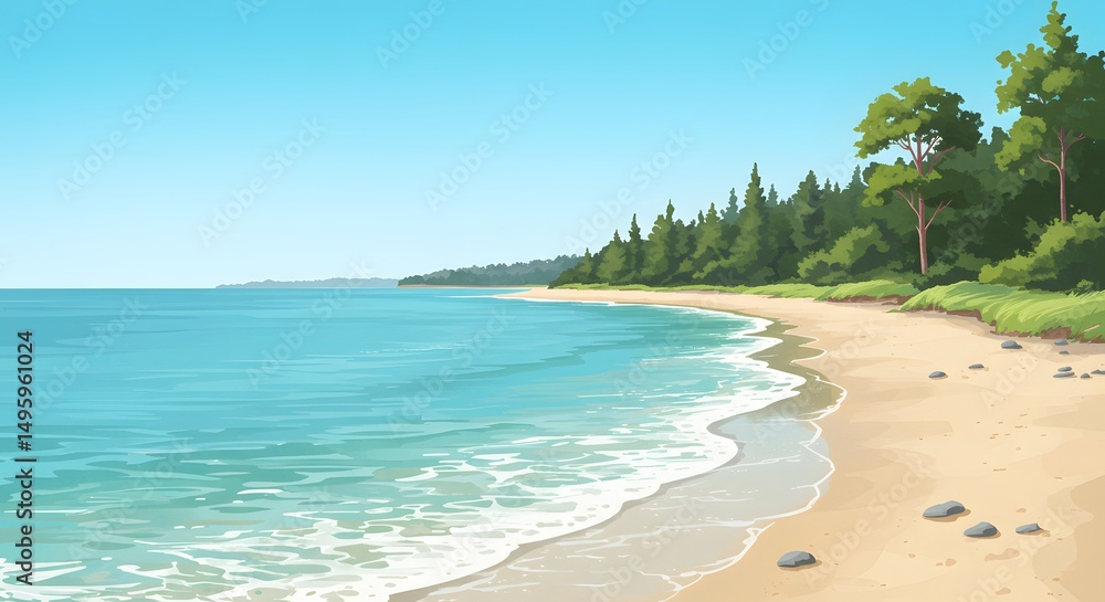 Serene Coastal Landscape Tranquil Beach Scene with Lush Green Forest and Calm Ocean Waves Serene Coastal Landscape Tranquil Beach Scene with Lush Green Forest and Calm Ocean Waves