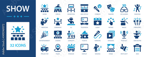 Show flat icons collection. Circus, exhibition, event, tickets, place, cinema, concert, ceremony, zoo, stadium sign set.