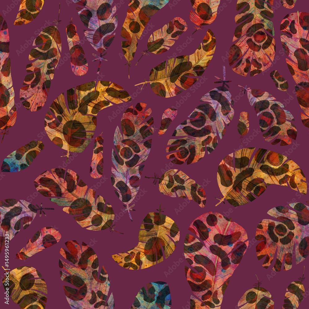 Fototapeta premium Pattern with colorful feathers with animalistic leopard skin pattern. Endless texture on bordo background. Print for womens wear, cosmetic packing, wall design.