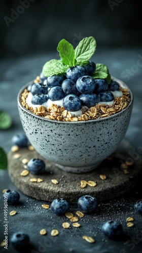 Fresh blueberry and granola bowl garnished with mint leaves on a textured dark surface
