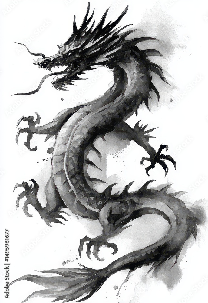 A 2D illustration of a Chinese dragon is depicted with glowing eyes and a blotchy mane in ink A 2D illustration of a Chinese dragon is depicted with glowing eyes and a blotchy mane in ink