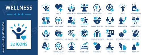 Wellness flat icons collection. Health, relaxation, exercise, yoga, nutrition, sport, massage, meditation, hygiene, spa, spirituality sign set.