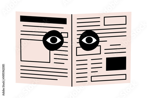 Hand drawn cute cartoon illustration of newspaper with hole for eyes. Flat vector spying person doodle. Peeping icon. Nosy or curious human. Finding out secrets sticker. Gossip and rumor. Isolated.