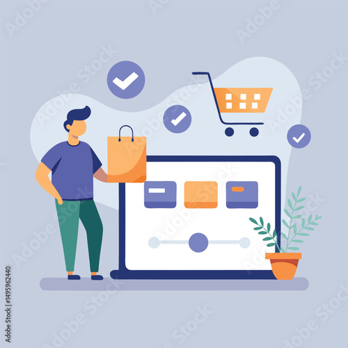 Online Shopping Man Holding Shopping Bag Laptop Ecommerce