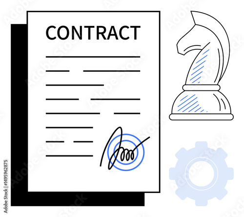 Contract with handwritten signature, chess knight representing strategy, and gear for functionality. Ideal for business, partnership, negotiation, planning, strategy management teamwork. Flat