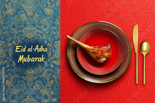 Festive Eid al-Adha feast Roasted lamb dish on a decorative table setting.