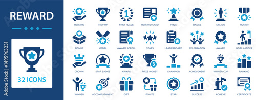 Reward flat icons collection. Trophy, medal, achievement, award, certificate, winner, honor, prize, gift, points, champion sign set.