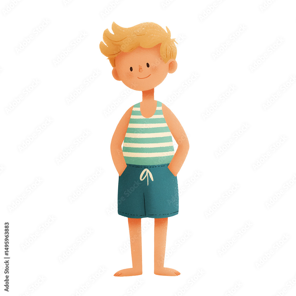 Smiling blonde boy in striped shirt standing barefoot . Flat style clipart isolated on transparent background. Travel and vacation concept. Design for stickers, t-shirts, summer product advertisement. Smiling blonde boy in striped shirt standing barefoot . Flat style clipart isolated on transparent background. Travel and vacation concept. Design for stickers, t-shirts, summer product advertisement.