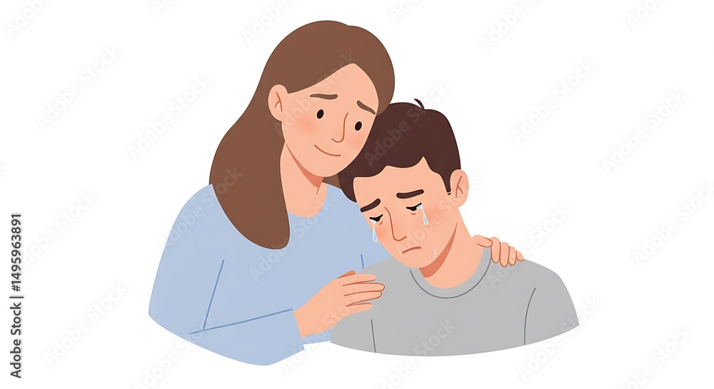 Woman Comforting Crying Man with Caring Gesture of Support Woman Comforting Crying Man with Caring Gesture of Support