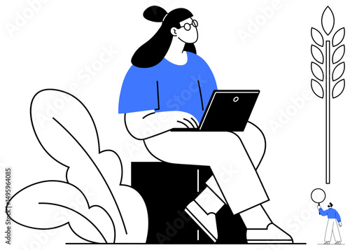 Woman with a laptop sitting by large leaves and a wheat plant icon, with a miniature figure holding a balloon nearby. Ideal for creativity, productivity, agriculture, technology, balance, growth