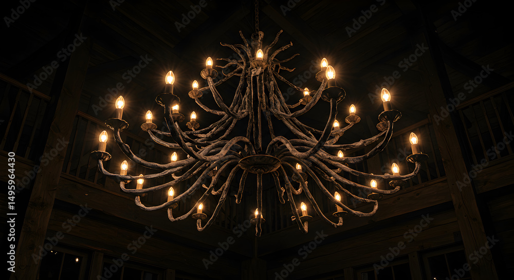 Fototapeta premium Intricate Branch Chandelier Illuminating A Rustic Interior With Warm Light