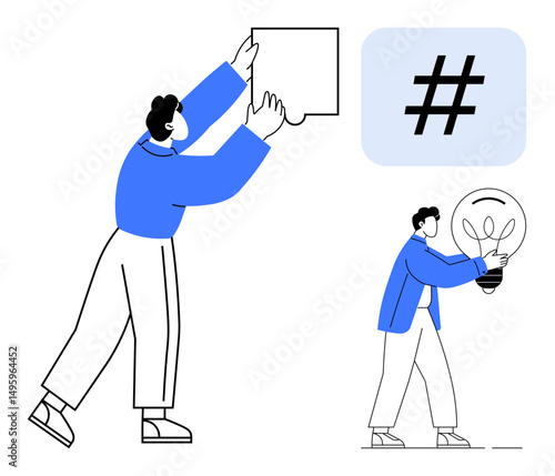Two people interacting one holding a speech bubble, another carrying a light bulb, symbolizing communication, creativity, and ideas. Ideal for teamwork, brainstorming, technology, marketing design