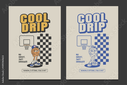 retro 30s-style poster featuring a cool basketball cartoon character standing beside a hoop, vector illustration