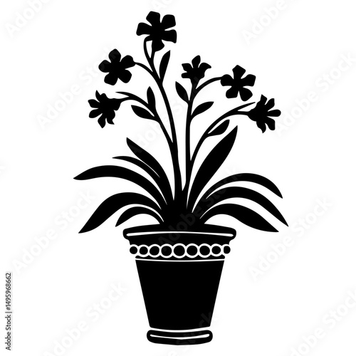 Black silhouette of a potted flowering plant with broad leaves and five-petal blossoms, centered on a white background. Decorative floral design ideal for prints, crafts, or botanical themes.