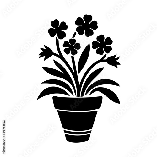 Black silhouette of a potted flowering plant with broad leaves and five-petal blossoms, centered on a white background. Decorative floral design ideal for prints, crafts, or botanical themes.