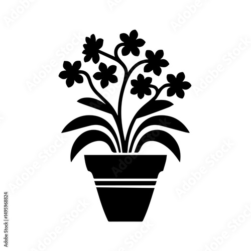 Black silhouette of a potted flowering plant with broad leaves and five-petal blossoms, centered on a white background. Decorative floral design ideal for prints, crafts, or botanical themes.