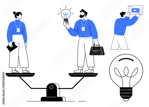 A man and woman balance on a seesaw while holding a lightbulb and tools, representing teamwork and innovation. Ideal for team collaboration, leadership, workplace equality, creativity, ideas