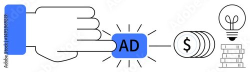 Hand clicking highlighted ad button, leading to coin stacks and light bulb representing monetization and ideas. Ideal for advertising, marketing, monetization, innovation, business growth, revenue