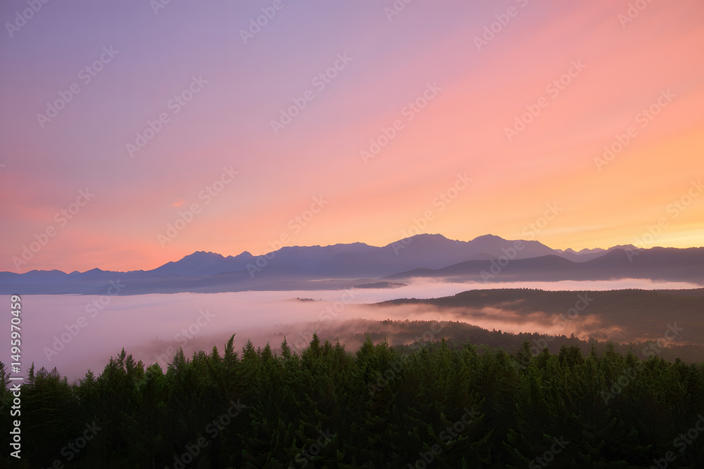 Naklejka premium Beautiful sunrise and sunset over peaceful water and mountains