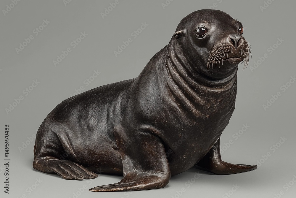 Obraz premium A black sea lion sits on its hind legs, tilts its head to the side, and opens its eyes.