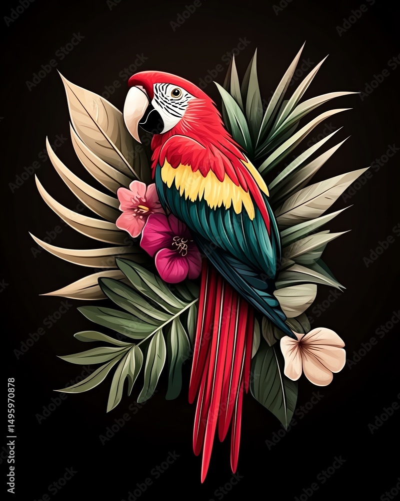 Fototapeta premium A vibrant macaw perched among lush tropical foliage and colorful flowers, showcasing its striking plumage and the beauty of nature's diversity in this artistic composition.