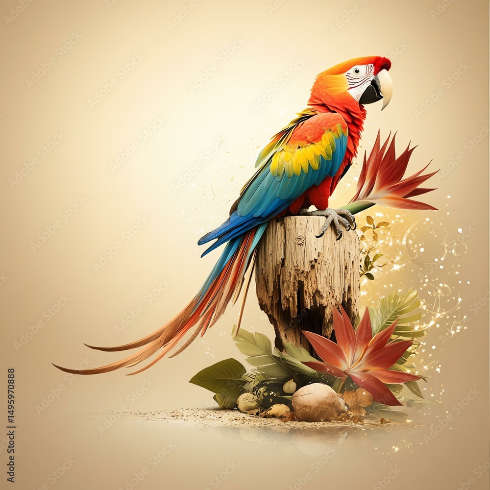 Obraz premium A vibrant macaw perched on a rustic stump surrounded by tropical foliage. The parrot displays stunning colors, captivating viewers with its beauty and grace in a natural setting.