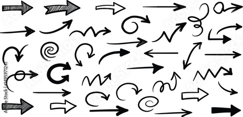 Black crayon arrow collection with curved and straight, spiral and zigzag, circular, wavy directional pointers