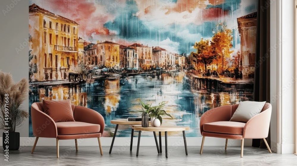 Obraz premium Colorful painted cityscape scene on a wall.
